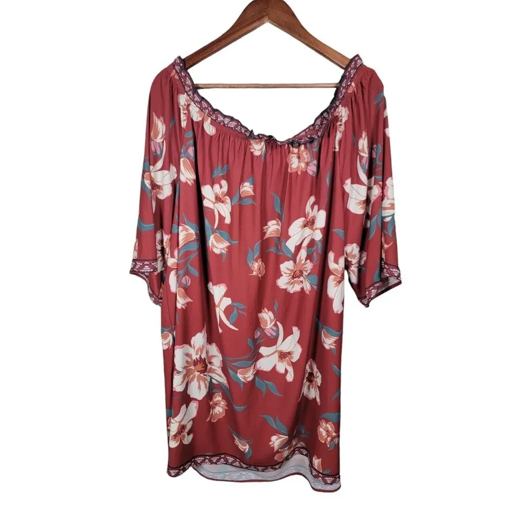 Flying Tomato Womens Plus Size 2X Bohemian Dress Red Floral ‎ Off Shoulder